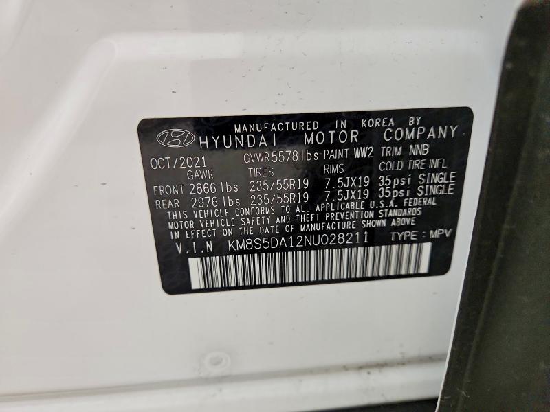 2022 Hyundai Santa Fe მანქანა იყიდება აუქციონზე, vin: KM8S5DA12NU028211, აუქციონის ნომერი: 85612515