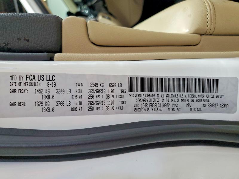 60300876 :رقم المزاد ، 1C4RJFBG9LC110002 vin ، 2020 Jeep Grand Cherokee مزاد بيع
