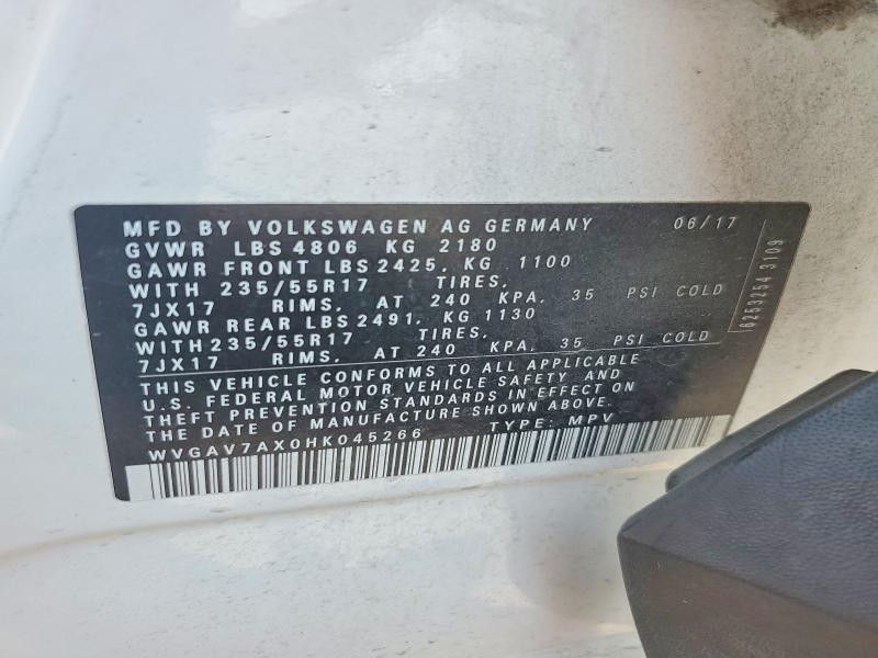 Aukcja sprzedaży 2017 Volkswagen Tiguan, vin: WVGAV7AX0HK045266, numer aukcji: 62955496