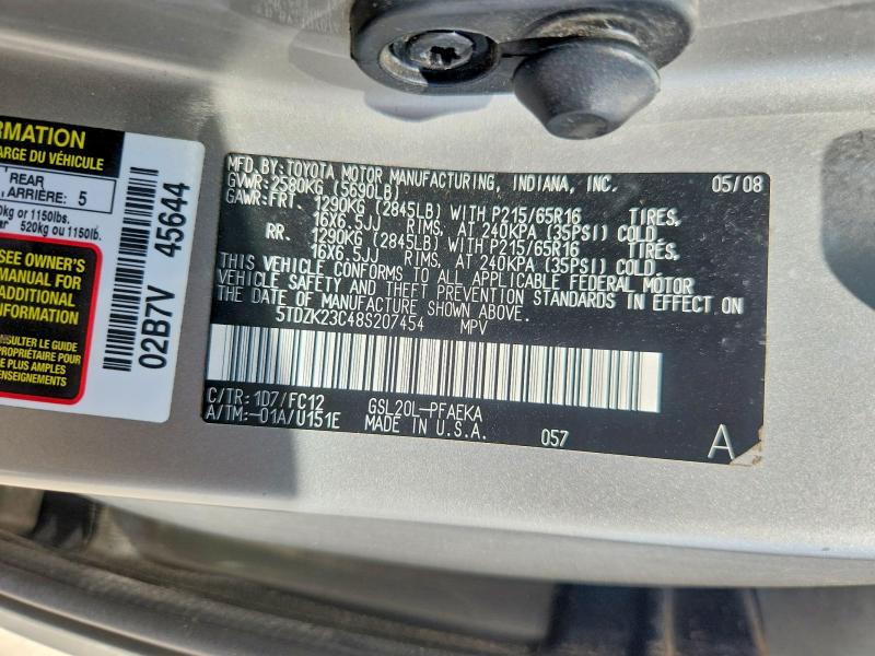 62249836 :رقم المزاد ، 5TDZK23C48S207454 vin ، 2008 Toyota Sienna مزاد بيع