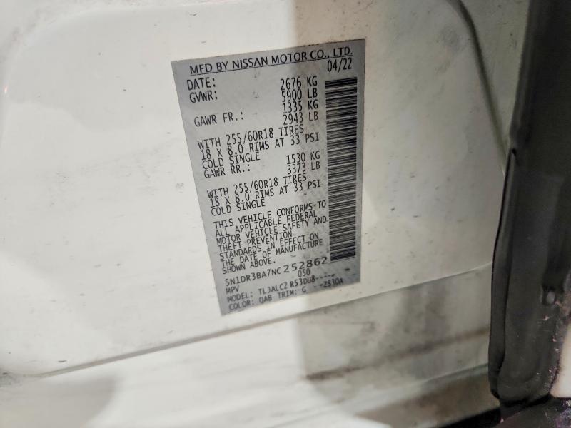 60061356 :رقم المزاد ، 5N1DR3BA7NC252862 vin ، 2022 Nissan Pathfinder مزاد بيع