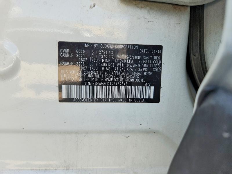 Продаж на аукціоні авто 2019 Subaru Ascent, vin: 4S4WMACD4K3452646, номер лоту: 62879186