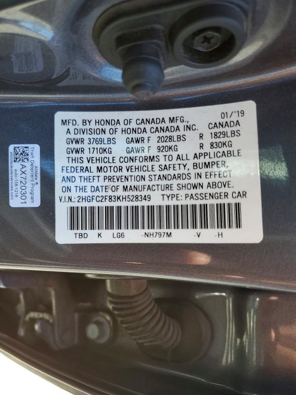 Aukcja sprzedaży 2019 Honda Civic, vin: 2HGFC2F83KH528349, numer aukcji: 60132686