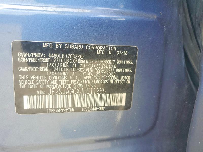 2018 Subaru Forester მანქანა იყიდება აუქციონზე, vin: JF2SJAGCXJH611265, აუქციონის ნომერი: 60652966