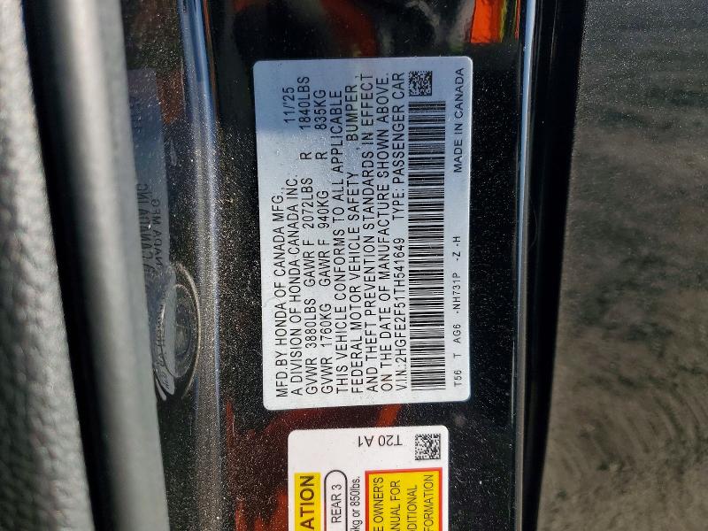 2026 Honda Civic მანქანა იყიდება აუქციონზე, vin: 2HGFE2F51TH541649, აუქციონის ნომერი: 59860016