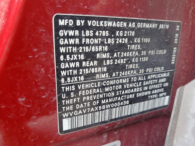 2011 Volkswagen Tiguan მანქანა იყიდება აუქციონზე, vin: WVGAV7AX5BW000436, აუქციონის ნომერი: 61730646