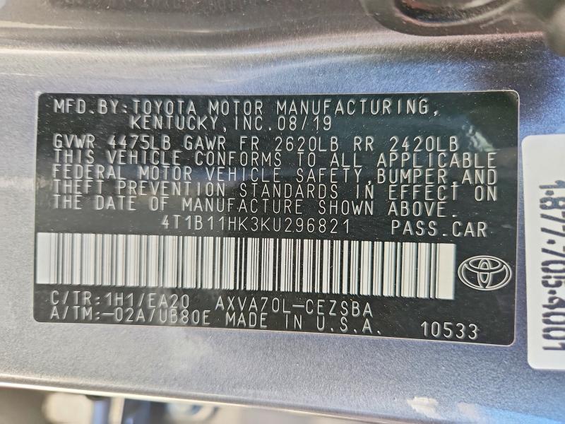 Aukcja sprzedaży 2019 Toyota Camry, vin: 4T1B11HK3KU296821, numer aukcji: 59719586