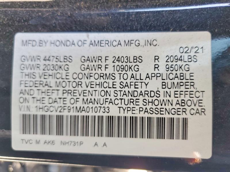 62676596 :رقم المزاد ، 1HGCV2F91MA010733 vin ، 2021 Honda Accord مزاد بيع