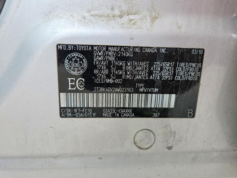 Aukcja sprzedaży 2010 Toyota Rav4, vin: 2T3BK4DV2AW023163, numer aukcji: 59232406