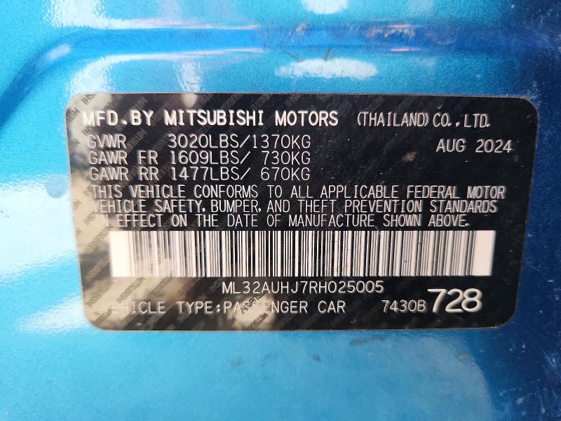 2024 Mitsubishi Mirage მანქანა იყიდება აუქციონზე, vin: ML32AUHJ7RH025005, აუქციონის ნომერი: 59784126