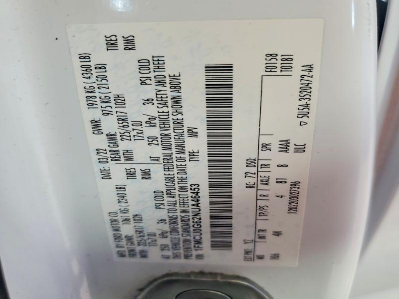 62066766 :رقم المزاد ، 1FMCU0G62NUA46453 vin ، 2022 Ford Escape مزاد بيع