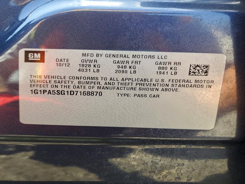 2013 Chevrolet Cruze მანქანა იყიდება აუქციონზე, vin: 1G1PA5SG1D7168870, აუქციონის ნომერი: 62099446