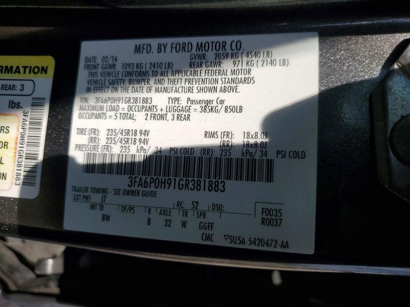 2016 Ford Fusion მანქანა იყიდება აუქციონზე, vin: 3FA6P0H91GR381883, აუქციონის ნომერი: 60368396