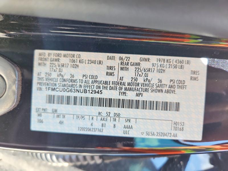 Продажа на аукционе авто 2022 Ford Escape, vin: 1FMCU0G63NUB12945, номер лота: 63161656