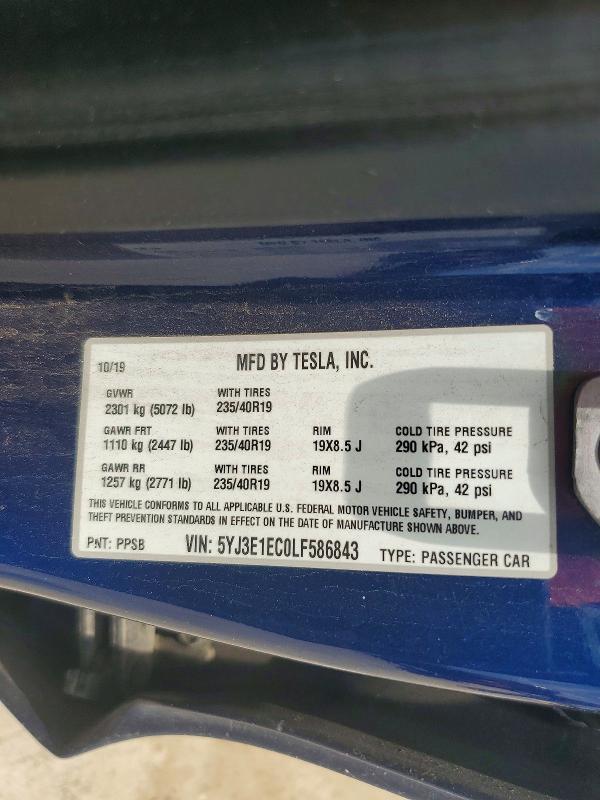 58450916 :رقم المزاد ، 5YJ3E1EC0LF586843 vin ، 2020 Tesla Model 3 مزاد بيع