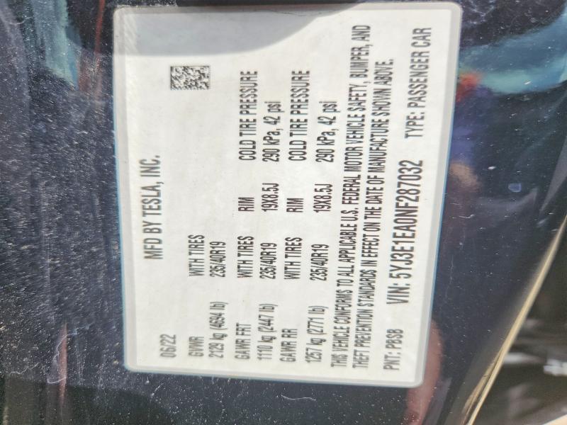 Aukcja sprzedaży 2022 Tesla Model 3, vin: 5YJ3E1EA0NF287032, numer aukcji: 61514076