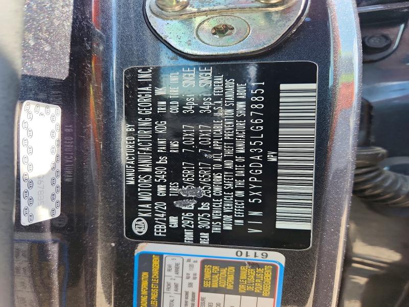 60209296 :رقم المزاد ، 5XYPGDA35LG678851 vin ، 2020 Kia Sorento مزاد بيع
