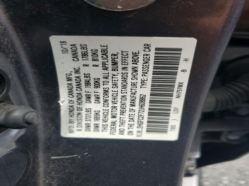 59907606 :رقم المزاد ، 2HGFC2F72JH608862 vin ، 2018 Honda Civic مزاد بيع