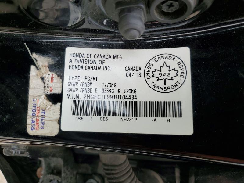 61010566 :رقم المزاد ، 2HGFC1F99JH104434 vin ، 2018 Honda Civic مزاد بيع