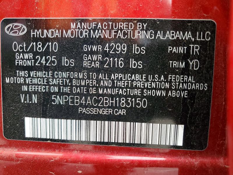 59388436 :رقم المزاد ، 5NPEB4AC2BH183150 vin ، 2011 Hyundai Sonata مزاد بيع
