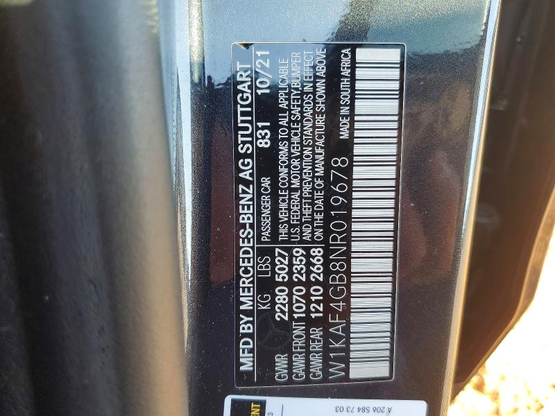 62973786 :رقم المزاد ، W1KAF4GB8NR019678 vin ، 2022 Mercedes-benz C مزاد بيع