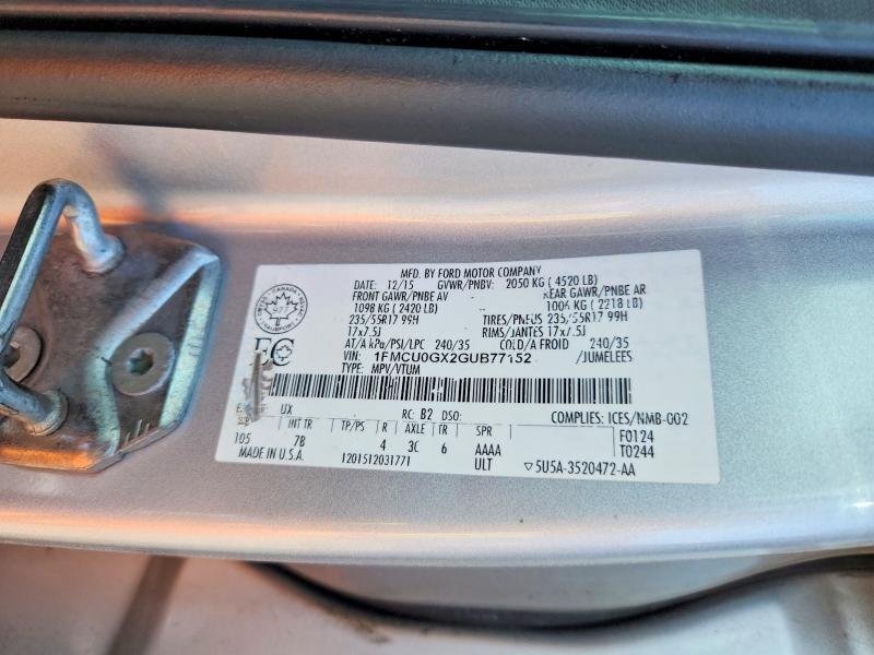 Продажа на аукционе авто 2016 Ford Escape, vin: 1FMCU0GX2GUB77152, номер лота: 56240106