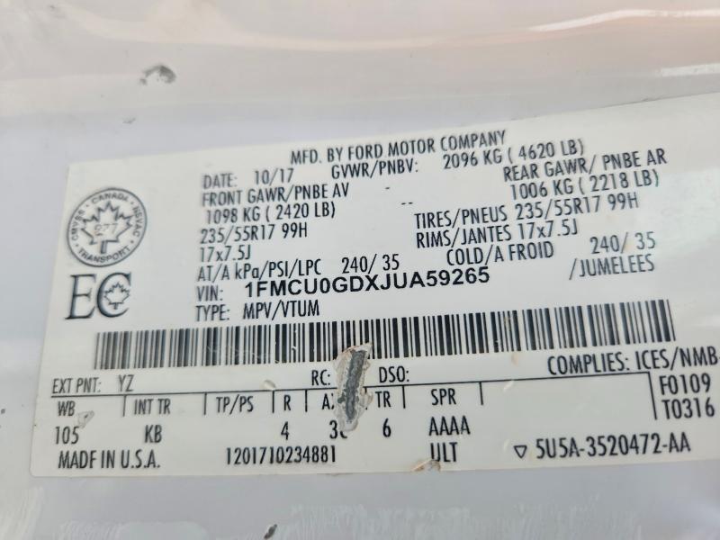 Aukcja sprzedaży 2018 Ford Escape, vin: 1FMCU0GDXJUA59265, numer aukcji: 59268766