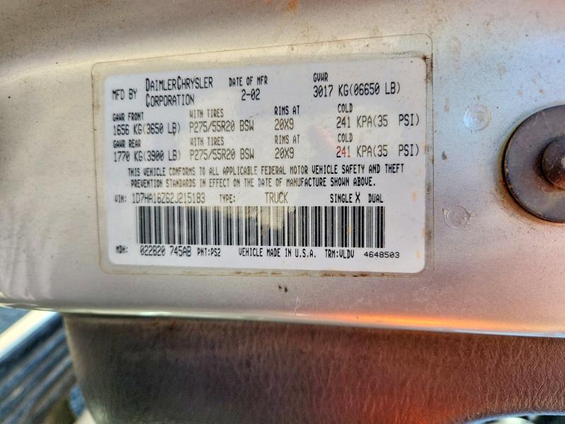 Aukcja sprzedaży 2002 Dodge Ram 1500, vin: 1D7HA18Z62J215183, numer aukcji: 60253856