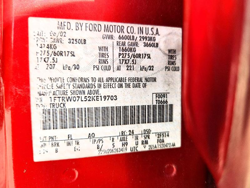Продажа на аукционе авто 2002 Ford F150, vin: 1FTRW07L52KE19703, номер лота: 60477586