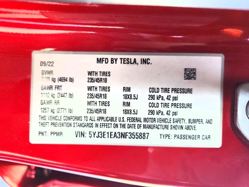 2022 Tesla Model 3 მანქანა იყიდება აუქციონზე, vin: 5YJ3E1EA3NF355887, აუქციონის ნომერი: 60058266