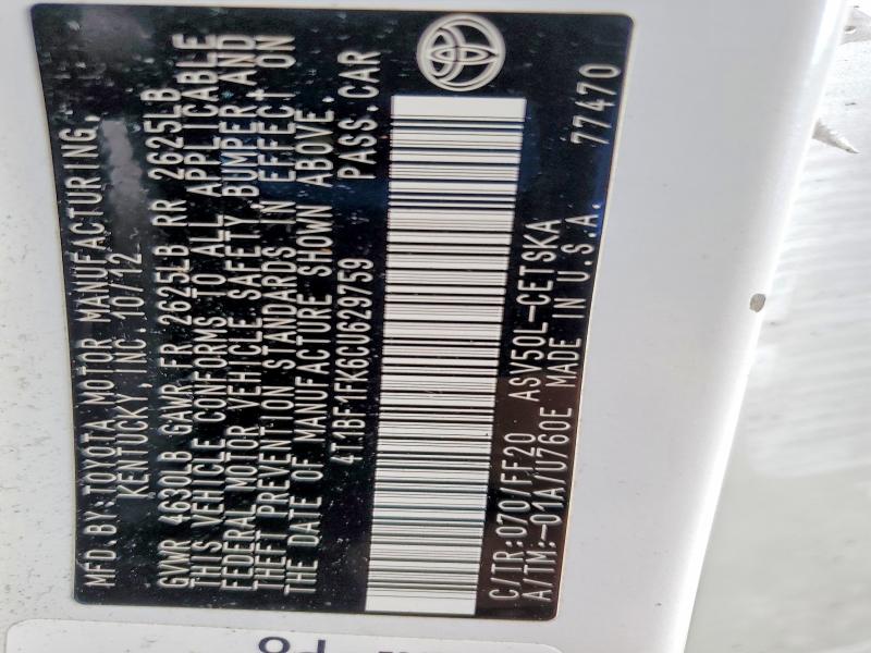 60300856 :رقم المزاد ، 4T1BF1FK6CU629759 vin ، 2012 Toyota Camry مزاد بيع