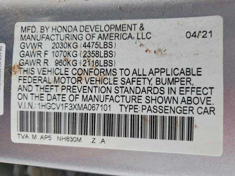 Aukcja sprzedaży 2021 Honda Accord, vin: 1HGCV1F3XMA067101, numer aukcji: 60656446