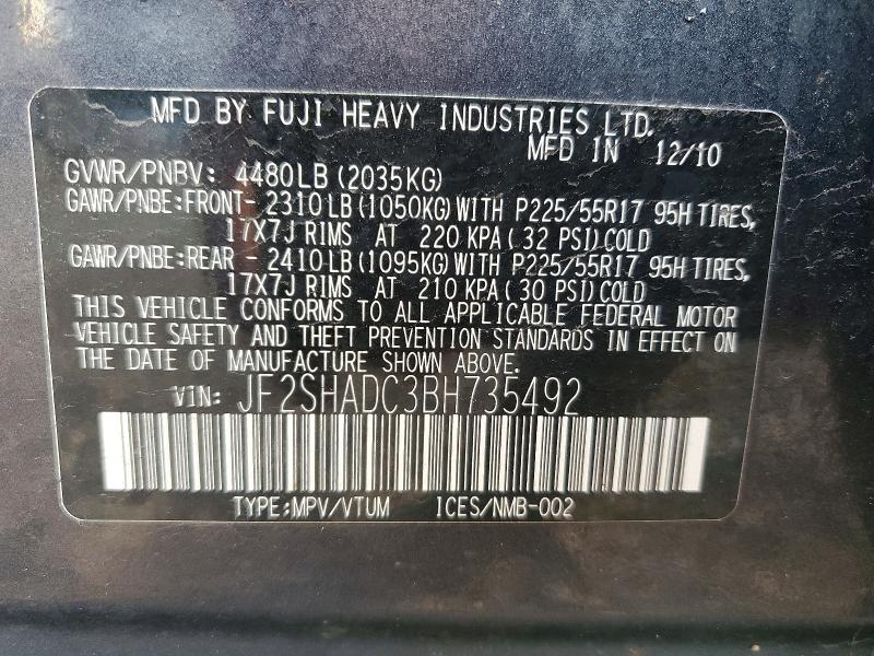 2011 Subaru Forester მანქანა იყიდება აუქციონზე, vin: JF2SHADC3BH735492, აუქციონის ნომერი: 61531136