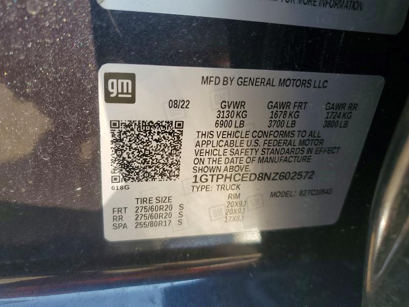 Продаж на аукціоні авто 2022 Gmc Sierra, vin: 1GTPHCED8NZ602572, номер лоту: 61988676