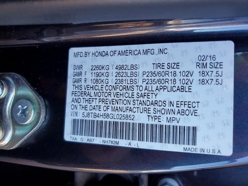 Продажа на аукционе авто 2016 Acura Rdx, vin: 5J8TB4H58GL025852, номер лота: 60788576