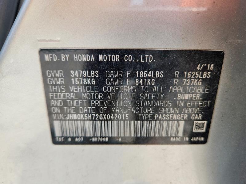 2016 Honda Fit მანქანა იყიდება აუქციონზე, vin: JHMGK5H72GX042015, აუქციონის ნომერი: 60709366
