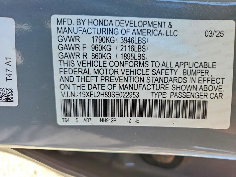 63347866 :رقم المزاد ، 19XFL2H89SE022953 vin ، 2025 Honda Civic مزاد بيع