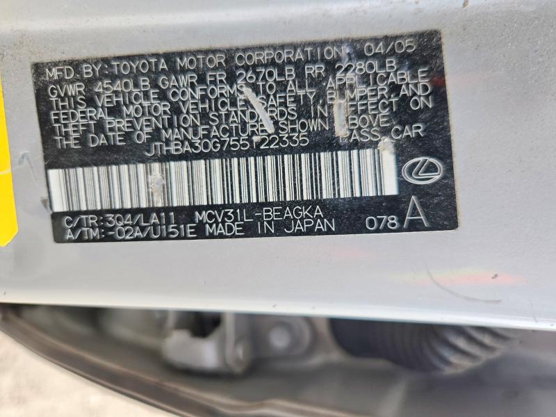 2005 Lexus Es მანქანა იყიდება აუქციონზე, vin: JTHBA30G755122335, აუქციონის ნომერი: 60306796
