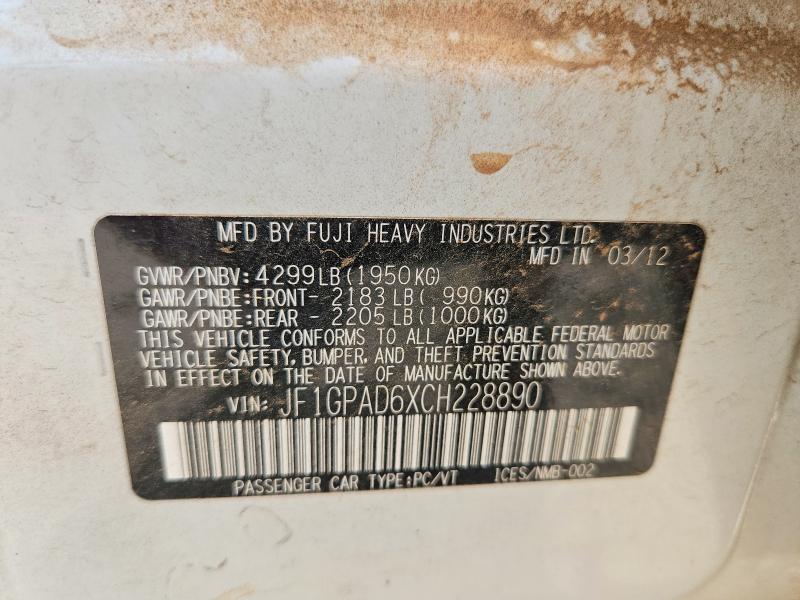 62922416 :رقم المزاد ، JF1GPAD6XCH228890 vin ، 2012 Subaru Impreza مزاد بيع