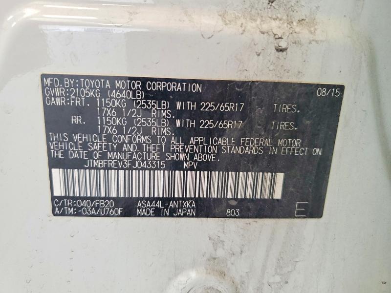 60797226 :رقم المزاد ، JTMBFREV3FJ043315 vin ، 2015 Toyota Rav4 مزاد بيع