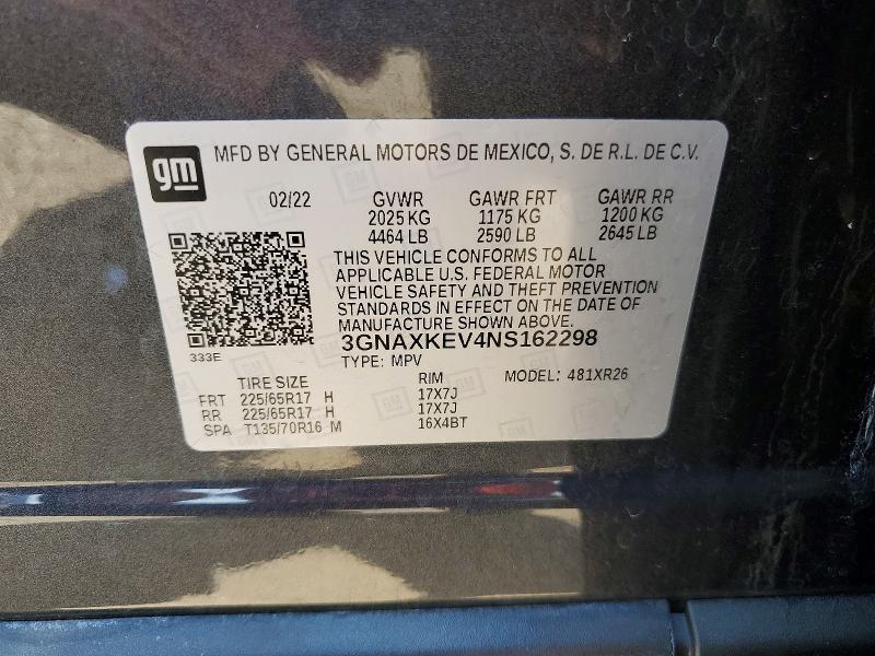 Aukcja sprzedaży 2022 Chevrolet Equinox, vin: 3GNAXKEV4NS162298, numer aukcji: 85790665