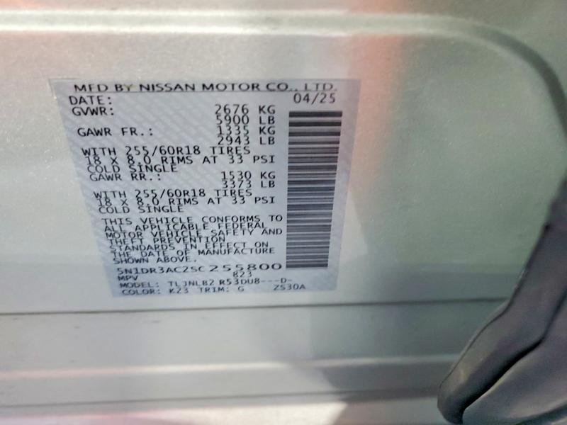 61198536 :رقم المزاد ، 5N1DR3AC2SC255800 vin ، 2025 Nissan Pathfinder مزاد بيع