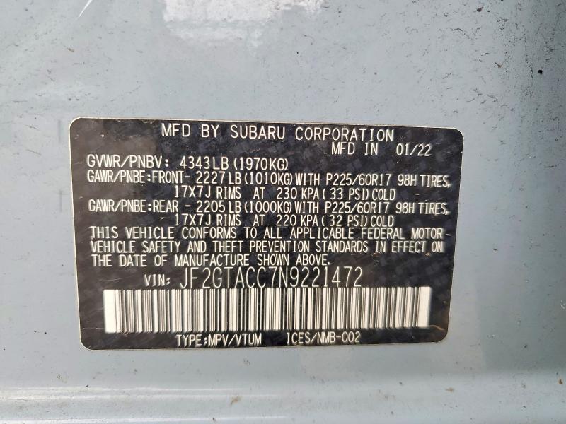 Aukcja sprzedaży 2022 Subaru Crosstrek, vin: JF2GTACC7N9221472, numer aukcji: 61942756