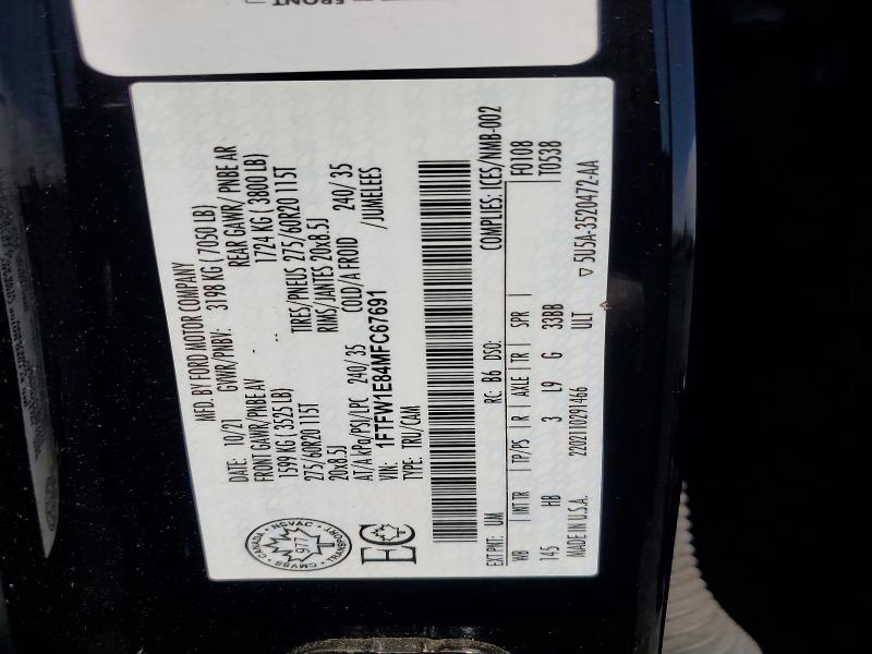 2021 Ford F150 მანქანა იყიდება აუქციონზე, vin: 1FTFW1E84MFC67691, აუქციონის ნომერი: 58203756