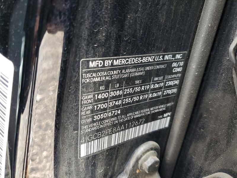 62133156 :رقم المزاد ، 4JGCB2FE8AA112672 vin ، 2010 Mercedes-benz R مزاد بيع