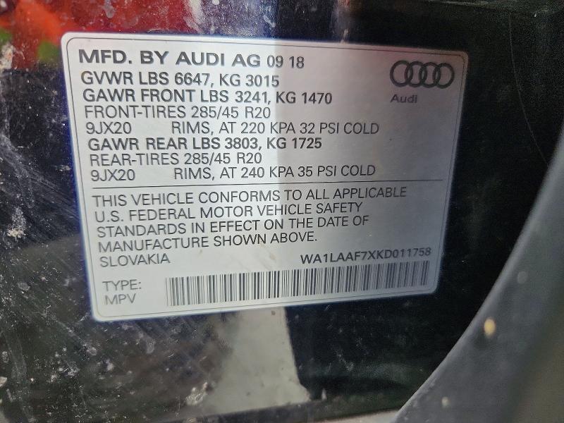 Aukcja sprzedaży 2019 Audi Q7, vin: WA1LAAF7XKD011758, numer aukcji: 60632576