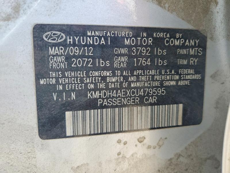 2012 Hyundai Elantra მანქანა იყიდება აუქციონზე, vin: KMHDH4AEXCU479595, აუქციონის ნომერი: 59853946