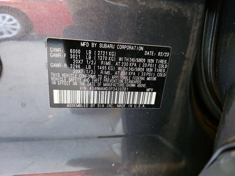 2023 Subaru Ascent მანქანა იყიდება აუქციონზე, vin: 4S4WMAWD0P3420781, აუქციონის ნომერი: 60294946