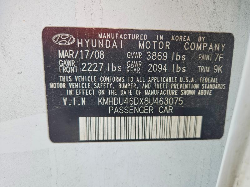 2008 Hyundai Elantra მანქანა იყიდება აუქციონზე, vin: KMHDU46DX8U463075, აუქციონის ნომერი: 60210446