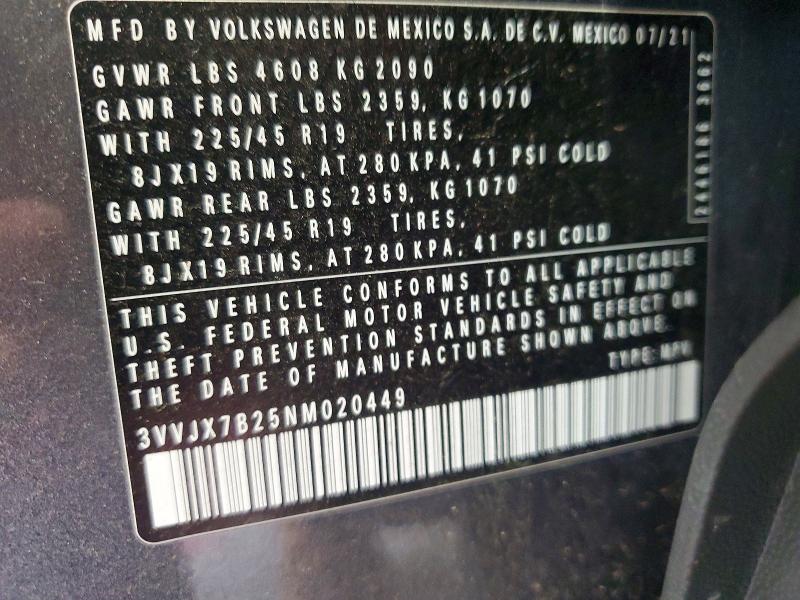 Auction sale of the 2022 Volkswagen Taos, vin: 3VVJX7B25NM020449, lot number: 59232156